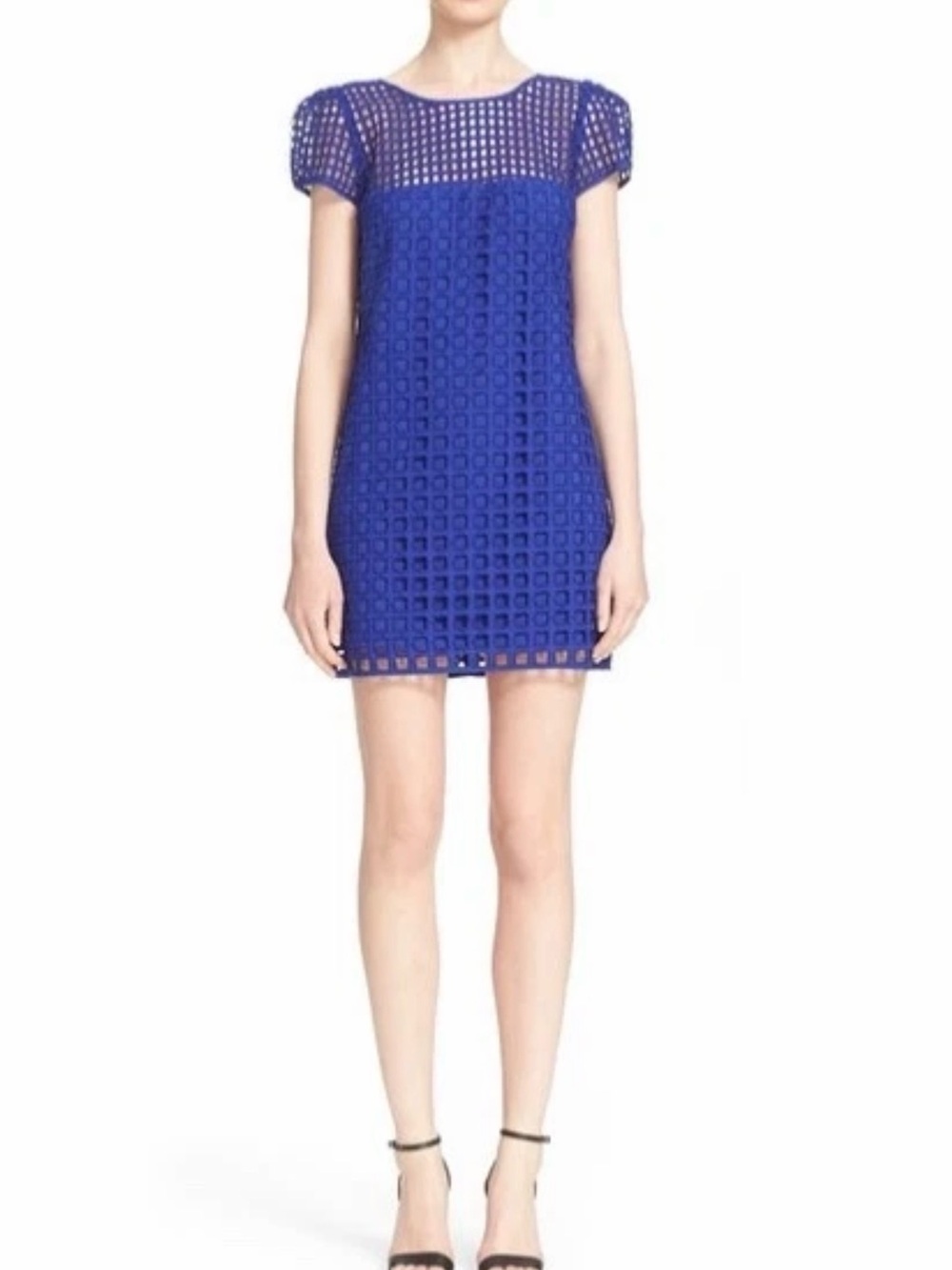 Milly Chloe Illusion Dress Size 6 Cobalt Blue Openwork Grid Shift Cocktail Dress
